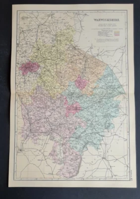 Large antique (1881) GW Bacon map- Warwickshire - Birmingham - Coventry - Image 1 of 4