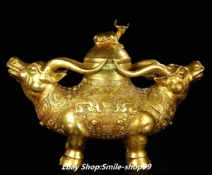 13.7" China Bronze 24K Gold Fengshui Cattle ox Bull Beast Animal Zun ornaments - Picture 1 of 9