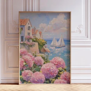 Coastal Italian Beach with Pink Hydrangea Flowers and Sailboat Wall Art Print - Picture 1 of 6