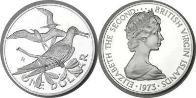 British Virgin Islands 1 Dollar 1973 925 SILVER Proof Frigate Bird 39mm 25.7g - Imagem 1 de 4