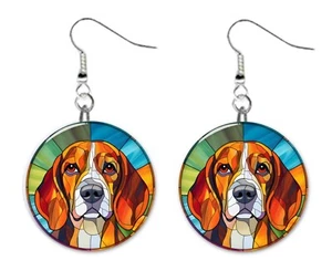 Stained Glass Printed Beagle Dog Button Earrings Jewelry 1" Dangle MADE IN USA - Picture 1 of 3