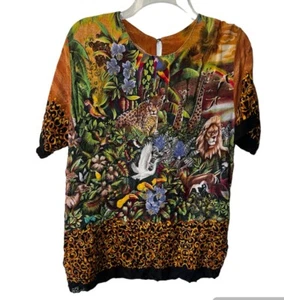 Jeffry Collection Bluse Damen Gr. L Unikat Art To Wear Tropical Jungle Vintage - Bild 1 von 9