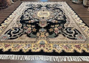 Aubusson Rug 9x12 Black Beige Floral Elegant Handmade French European Design - Picture 1 of 12