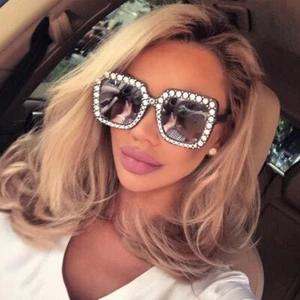 OVERSIZE VINTAGE RETRO Style SUNGLASSES Square Bling Rhinestone Black Frame NEW - Picture 1 of 5