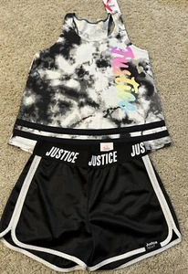 JUSTICE 2 piece Black Athletic Mesh Short Tie Dye Tank NWT L 12/14 - Picture 1 of 8