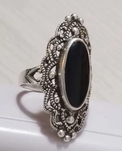 Silver 925 Ring Size 16.5 Sterlebr Chic Feather Shape Marquise Black Onyx Zeryn - Picture 1 of 10