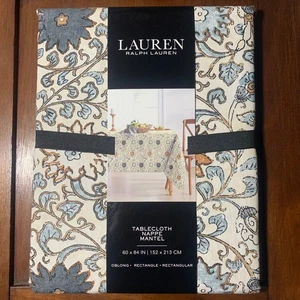 Lauren Ralph Lauren Tablecloth 60" X 84" Cotton Floral Print Beige & Blue Oblong - Picture 1 of 6