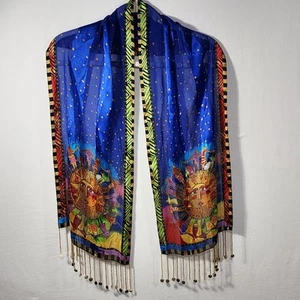 Laurel Burch Silk Scarf Harmony Under Sun Bead Fringe 10"x54" Long Celestial - Picture 1 of 8