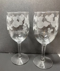 Disney Etched Mickey Mouse Head 8 oz Clear Wine Glass Set Of 2 - Picture 1 of 7