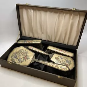 Vintage 1940s Elegant Rose Petit Point Embroidery Dressing Table Brush Set - Picture 1 of 13
