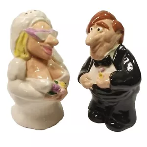 McGovney Ceramic Bride & Groom Salt & Pepper Shakers Funny Wedding Gift Signed - Picture 1 of 12