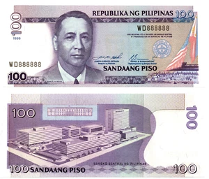 Banconota 100 Pesos Estrada 1999 Filippine Fantasia Solida 888888 Croccante UNC - Foto 1 di 3