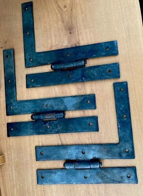 Dobradiças de ferro antigas originais L.H. conjunto de três/parece ser feitas à mão 4,5”X6” - Imagem 1 de 4