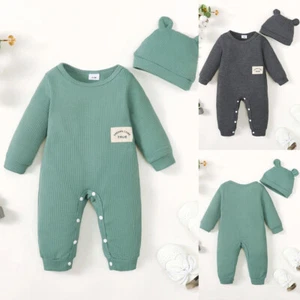 Baby Boys Print Pullover Casual Solid Round Neck Button Jumpsuit Rompers Hat Set - Picture 1 of 11