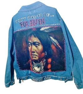 Wrangler Hero Denim Jacket XXL BlueJean Custom VTG Native American Patch Button - Picture 1 of 5