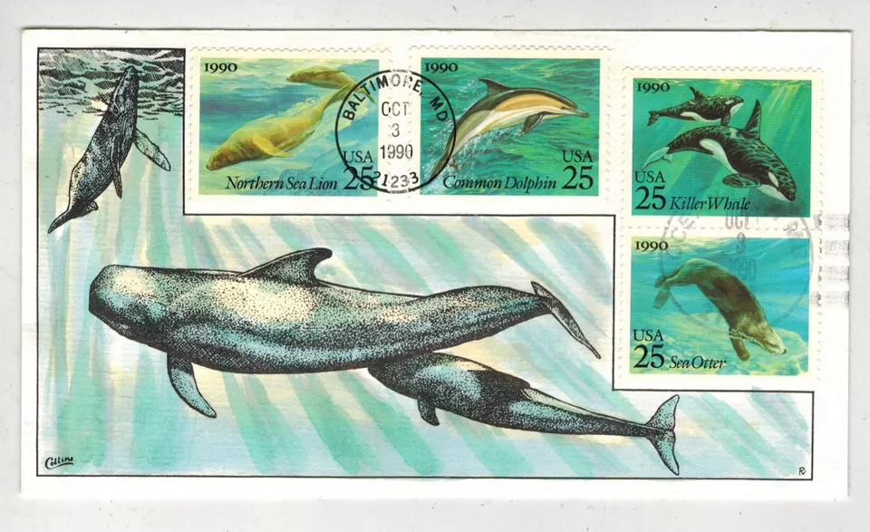 1990 COLLINS HANDPAINTED SEA CREATURES 4 STAMPS SEA LION OTTER DOLPHIN WHALE - Image 1 of 1