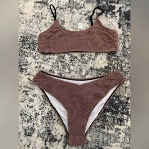 BNWT LG Cupshe Textured Brown and White Bikini Top and Bottom Set - Picture 1 of 8