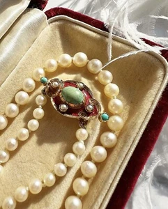 ANTIK • viktorianische 15 Karat Gelbgold abgestufte Perle Halskette & türkisfarbener Verschluss - Bild 1 von 4