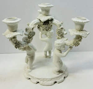 Vintage Italian MCM Capodimonte White Porcelain Cherubs Floral Ornate Candelabra - Picture 1 of 12