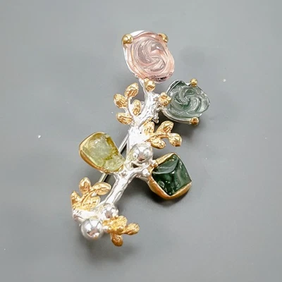 Broche de turmalina natural hecho a mano de 5 quilates + plata de ley 925/NB28613 Foto 1 de 4