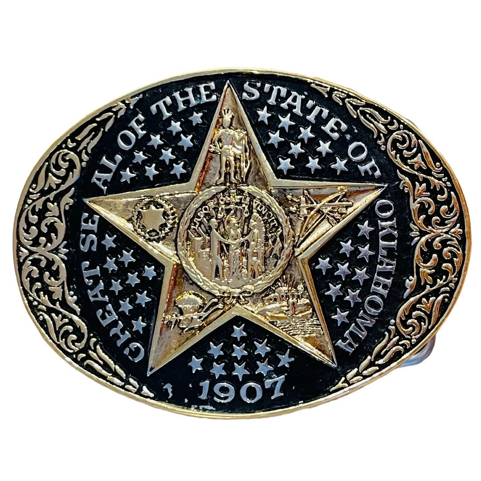 VTG Award Design Medals Great Seal of Oklahoma 1907 24KGP Western Belt Buckle - Image 1 of 4
