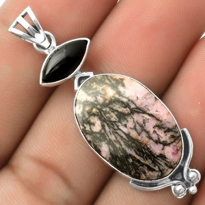 Natural Rhodonite & Black Onyx 925 Sterling Silver Pendant Jewelry P-1045 - Picture 1 of 5