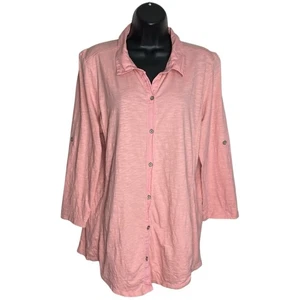 Top donna Jill camicia grande rosa cotone manica 3/4 rotolo linguetta bottoni costa - Foto 1 di 10