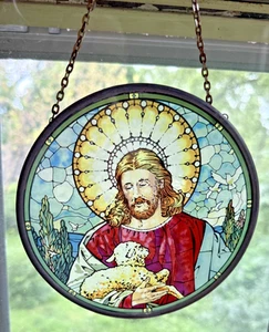 Beautiful Glass Suncatcher Jesus Good Shepherd 6.75 dia. - Picture 1 of 5