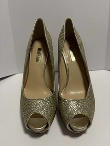 Guess Glitter Peep-Toe Pumps Gold Sparkle High-Heel Shoes Size 8M Homecoming - Picture 1 of 3