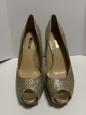 Guess Glitter Peep-Toe Pumps Gold Sparkle High-Heel Shoes Size 8M Homecoming - Image 1 of 3