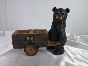 DWK 2015 Black Bear Pushing Wood Cart Wheel Barrel Salt Pepper Shaker Holder - Picture 1 of 7