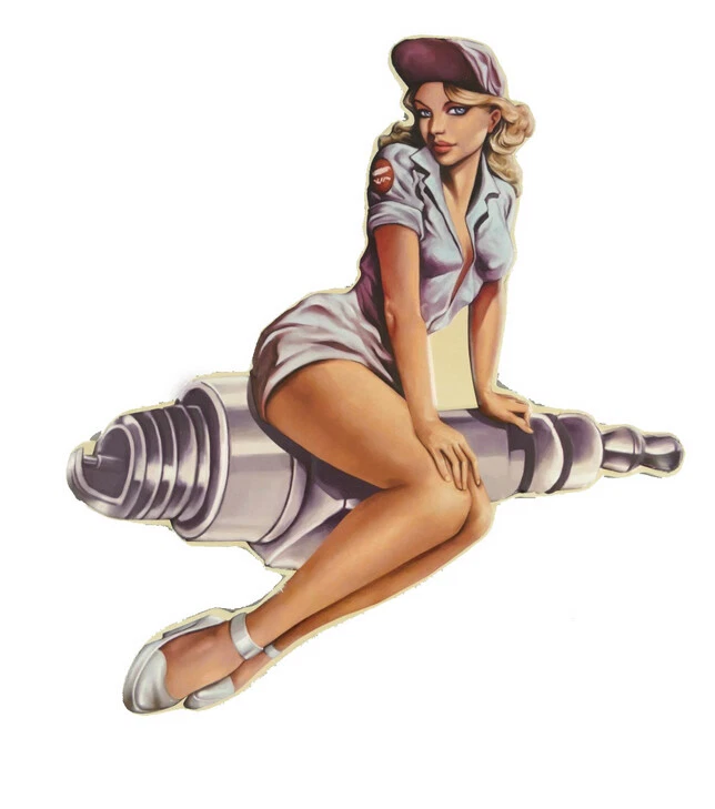 Vintage - großes Blechschild ca. 57 cm. - Frau ( Pin Up Girl ) auf Zündkerze - Bild 1 von 4