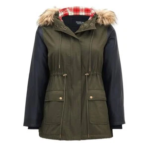 Torrid Plus Size 0 Olive Army Green Twill & Faux Leather Hooded Parka Coat New - Picture 1 of 4