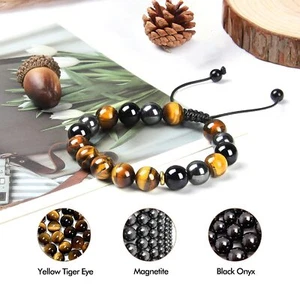 10/8Mm Tiger Eye Hematite Beaded Bracelet Men Energy Healings Adjustable Bangle - Picture 1 of 10