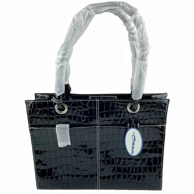 Mcklein USA Elena Faux Leather Laptop Bag Tote Exotic Print High Gloss Black 16" - Image 1 of 4