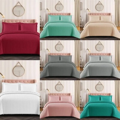 3 Piece Quilted Bedspread Pom Pom Embossed Comforter Bed Throw Bedding Set Sham - Image 1 of 2