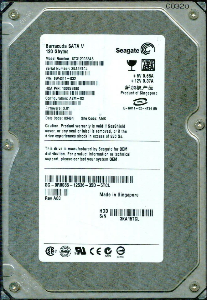 ST3120023AS, 9W4011-032,  3.01,  AMK,  3KA1,   SEAGATE SATA 120GB  - Image 1 of 1
