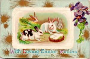 With Loving Easter Wishes Postcard Bunny Rabbit Rabbits Eggs Flowers Embossed A9 - Picture 1 of 2
