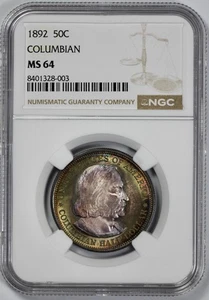 1892 Columbian 50c Silver Half Dollar NGC MS 64 Unbelievable Toning - Picture 1 of 4