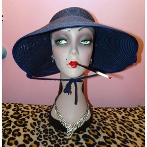 Vintage Marineblau Open Top Sonnenhut mit Schleife Sommer Strand Sonne Haube Pinup Retro - Bild 1 von 13