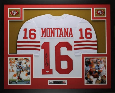 Camiseta deportiva blanca autografiada y enmarcada de Joe Montana de los 49ers certificado de autenticidad JSA Foto 1 de 4