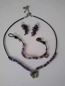 Fossil Purple Stone Butterfly Necklace & Bracelet Plus Pierced Earrings - Picture 1 of 5