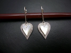 KABANA 14K WHITE GOLD DIAMOND MOTHER OF PEARL HEART DANGLE LEVERBACK EARRINGS - Picture 1 of 6