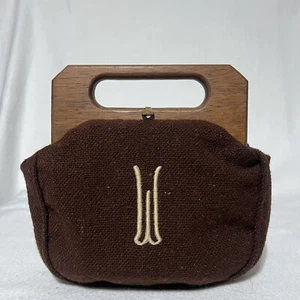 Vintage 60s 70s Brown Trimingham's Handbag Wooden Handle Letter W Wool - Picture 1 of 10