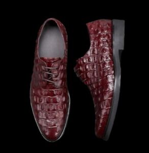 Men's New Maroon Crocodile Texture Leather Derby Lace up Shoes Formal Party Wear