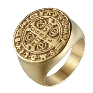 Gold Dämonenschutz Geisterjäger CSBP katholisch St. Benedikt Exorzismus Medaille Ring - Bild 1 von 6