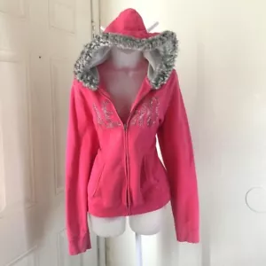 RARE Vintage Y2K Aeropostale Grey Fur Zip Hoodie Jacket Rhinestone Logo Pink-XXL - Picture 1 of 7