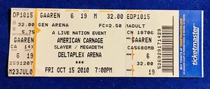 SLAYER/MEGADETH Concert Full Ticket Stubs 10/18/2010 Deltaplex Arena - Picture 1 of 2
