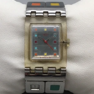 Swatch Full and Empty Watch Women 24mm Silver Tone 2007 Square New Battery 5.75" - Picture 1 of 16