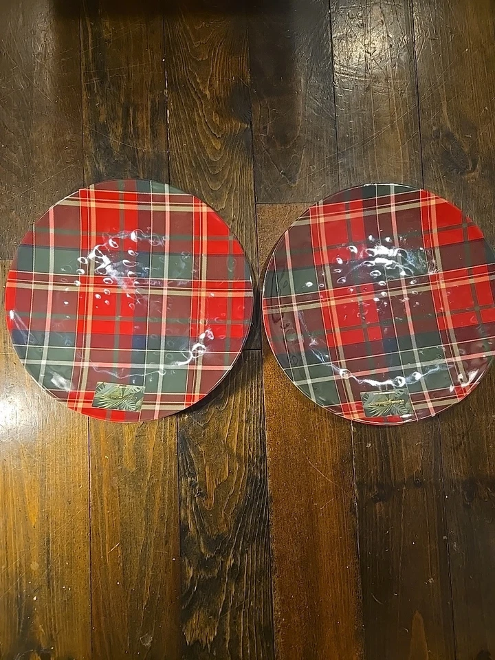 "1 plato redondo Tommy Bahama 14"" bandeja para servir tartán a cuadros melamina de Navidad" Foto 1 de 4